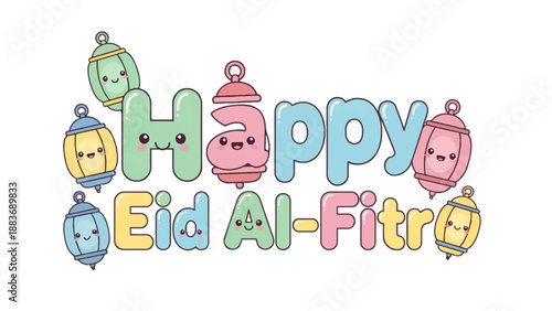 Colorful Eid Al-Fitr celebration illustration featuring lanterns and festive typography in a joyful atmosphere from a straightforward viewpoint