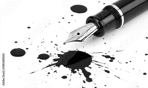 Fountain pen and ink splatter on white paper close up copy space