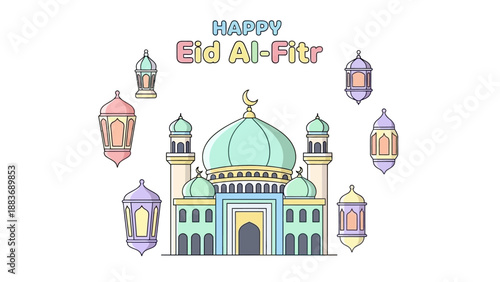 Celebrating Eid Al-Fitr with vibrant mosque illustration surrounded by colorful lanterns