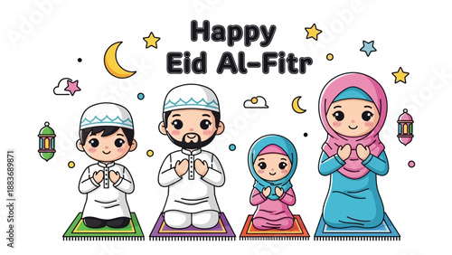 Family Celebrating Eid Al-Fitr Together with Prayer Mats and Traditional Clothing in a Joyful Scene