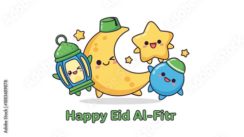 Celebratory cartoon illustration of a smiling moon and friends greeting card for Eid Al-Fitr festivities