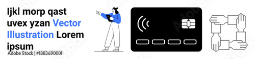 Woman holding a tablet, contactless payment card, and interconnected hands symbolizing teamwork. Ideal for finance, tech, collaboration, e-commerce, communication, education simple landing page