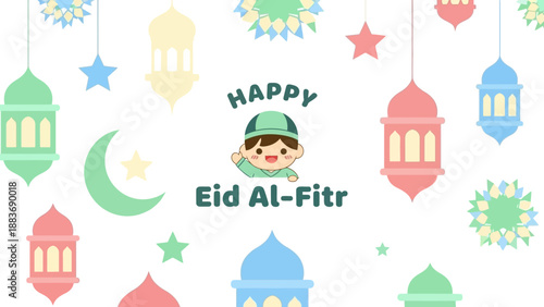 Celebrating Eid Al-Fitr with colorful lanterns and festive decorations in a joyful atmosphere from a front viewpoint