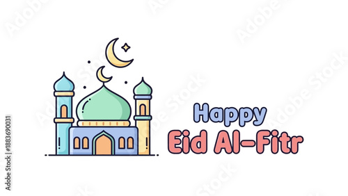A colorful illustration of a mosque with a crescent moon and stars, celebrating Eid Al-Fitr with vibrant colors and festive atmosphere