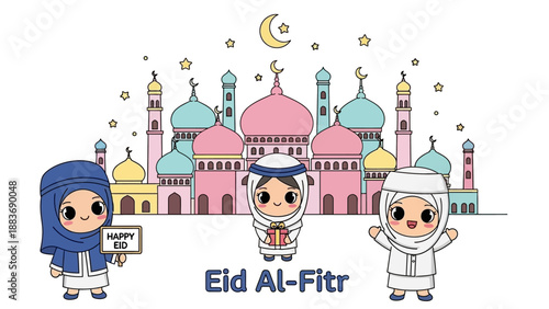 Cartoon children celebrating Eid Al-Fitr in front of a mosque with crescent moon and stars
