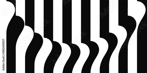 A bold black and white abstract pattern inspired by piano keys, featuring curved silhouettes and flowing lines.