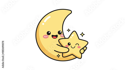 Whimsical illustration of a smiling crescent moon embracing a twinkling star in a dreamy night sky scene from a child's perspective