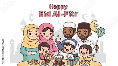 A diverse family celebrating Eid Al-Fitr together around a festive table with traditional food and decorations in a joyful cartoon illustration