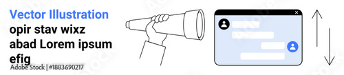 Technology, business tools, online interaction, messaging, communication, digital platforms. A hand holding a telescope next to a chat interface. Technology and business tools concept