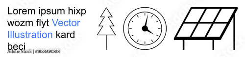 Sustainability, renewable energy, time management, environmental conservation, modern design, typography art. Black pine tree, clock solar panel and text elements. Sustainability and renewable