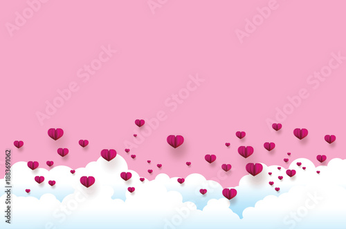 Pink Background with Floating Hearts and Clouds ,  Valentine's day, vector design.