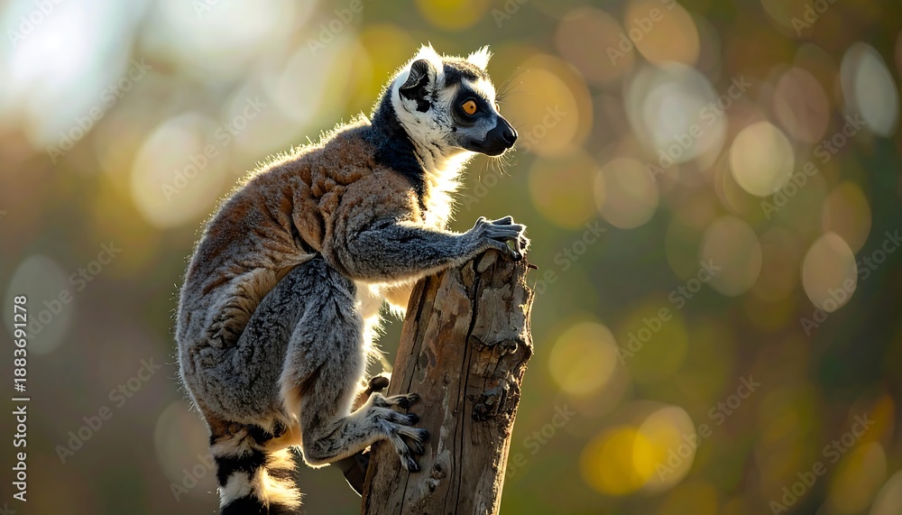 Fototapeta premium A ring-tailed primate sits atop a weathered tree stump, bathed in golden sunlight. The backdrop is soft focus, highlighting its form