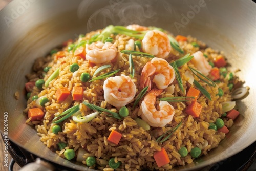Shrimp fried rice with vegetables and green onions in a wok