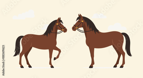 Two charming brown horses wearing bridles stand facing each other on a light background with minimal cloud details suggesting an open field illustration.