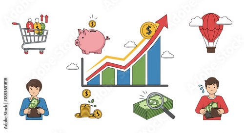 Financial concept illustration showing contrasting elements of economic growth wealth accumulation and personal budgeting struggles in a simple graphic style