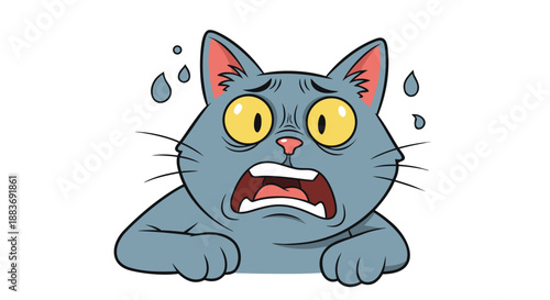 Cartoon illustration depicts a terrified blueish-gray cat with wide yellow eyes and an open mouth showing extreme fright or shock while sweating profusely above its head.