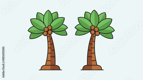 Pair of charming cartoon coconut palm trees standing side by side with green fronds and brown trunks against a light background perfect for tropical design elements