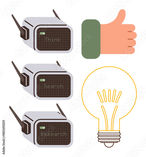 Innovation, communication, research, creativity, problem-solving, discovery. Three labeled radios, a glowing lightbulb and a thumbs-up. Innovation and communication concept