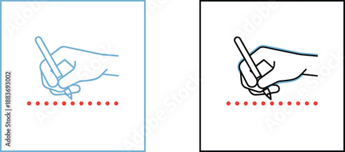 Hand drawing or signing on a dotted line icon set with blue and black thin line art versions.