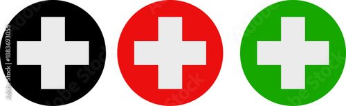 Medical cross icons in solid colored circles for first aid, pharmacy and hospital sign collection, healthcare emergency symbols isolated on white