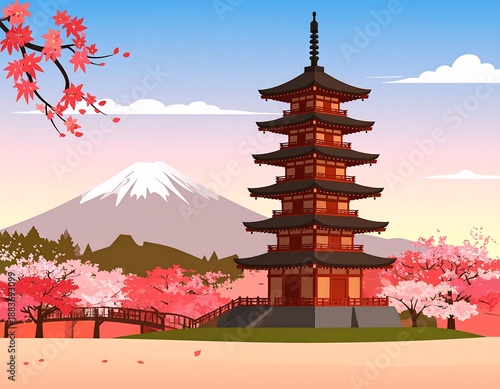 Wallpaper Mural A scenic cartoon landscape showcases a pagoda, cherry blossoms, a mountain, and bridge under a blue sky Torontodigital.ca
