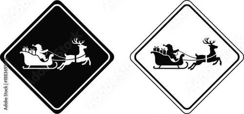 Christmas crossing sign set featuring Santa Claus on a sleigh with reindeer for holiday seasonal safety and decoration.