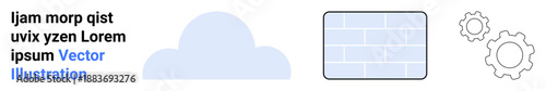Cloud computing, data storage, system integration, technology services, digital networks, innovation. A cloud icon, grid structure and gear symbols. Cloud computing and data storage concepts