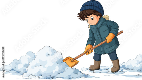 Young Boy Removing Snow with Shovel Vector Outline Illustration