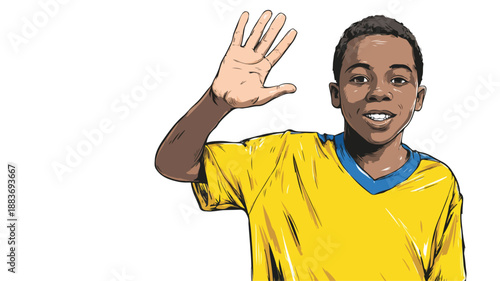 Young Boy Soccer Player Waving Isolated on White Background Vector Illustration
