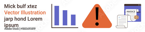 Business tools, financial data, notifications, analytics, caution signs, invoicing. Bar chart, warning sign and invoice graphic with currency symbol. Business tools and financial data concepts