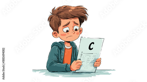 Cartoon Sad Boy Showing C Grade Vector Isolated with Outline