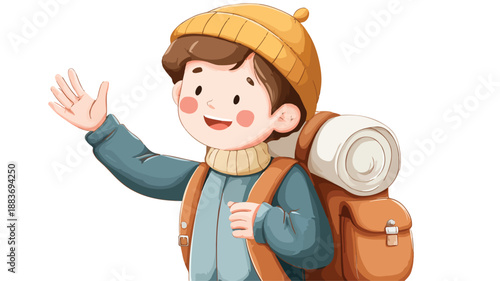 Smiling Kid Backpacker Waving in Vector Illustration on White Background