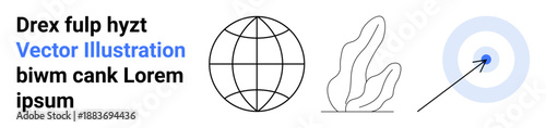 Global connectivity, marketing strategies, environmental design, geospatial concepts, precision targeting, text layout. Geometric globe, abstract shape target with arrow. Global connectivity
