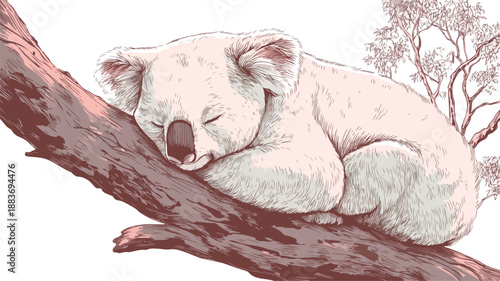 Adorable Koala Sleeping on Tree Vector - Illustration with Outline Isolated