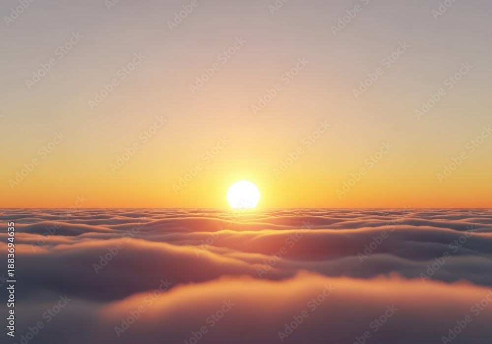 Fototapeta premium A gentle, calming vision of a beautiful sunrise over soft clouds, symbolizing a new era of serenity and harmony beginning across the horizon, cloudscape, infinite, horizon