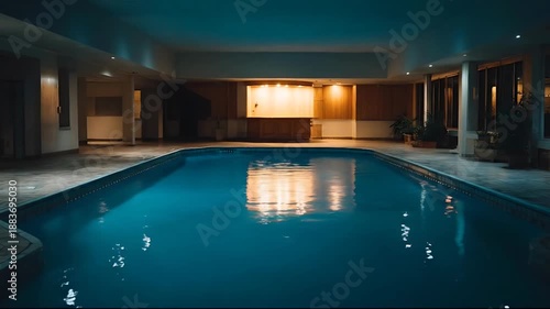 Indoor swimming pool scene with water reflections at night time leisure activity