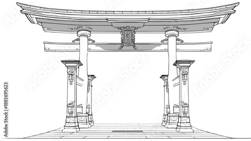 Japanese Torii Gate Design Vector with Outline Isolated on White Background