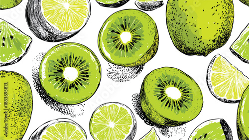 Vibrant Kiwi Fruit Seamless Pattern Vector Art and Illustration for Designs