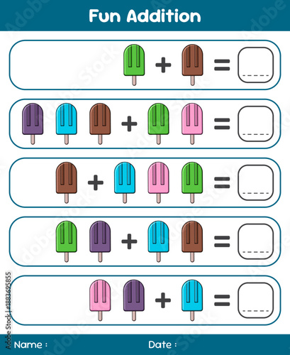 Game for children addition by counting ice cream. Educational mathematical game. Addition game for children. Kids activity sheet. Template for addition