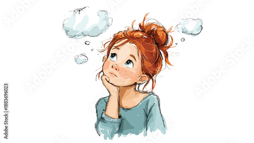 Cute Little Girl Thinking Cartoon Vector with Outline Isolated on White Background