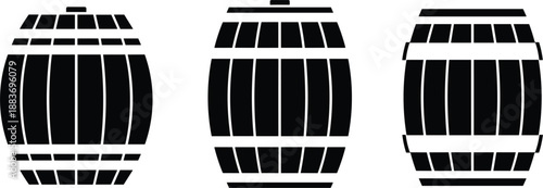 Set of black wooden barrel silhouettes for wine beer or oil storage isolated on white background for design.