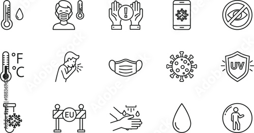 Set of black linear health and safety icons including medical mask thermometer virus protection and hand washing symbols.