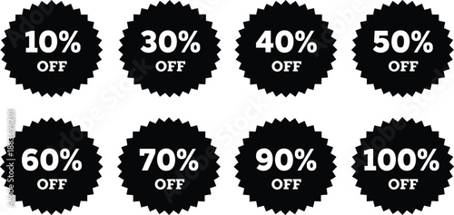 Set of black starburst sale stickers featuring white percentage discount numbers ranging from ten to one hundred percent off.