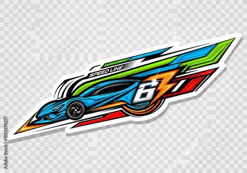 Racing car vector illustration with dynamic motion and vibrant colors, viewed from above, for sports and technology themes