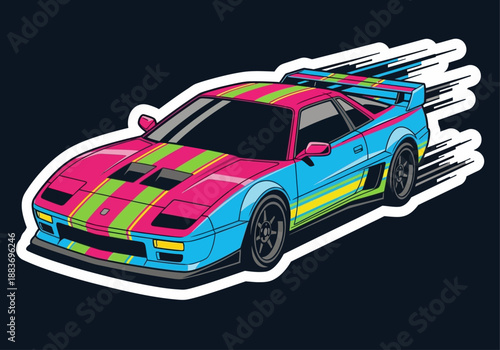 Vibrant sports car illustration with dynamic stripes and motion blur, showcasing speed and style in a modern vector graphic design.