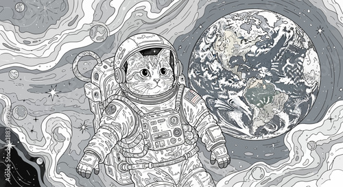 Whimsical Cat Astronaut Floating in Space with Earth in the Background, a Surreal and Dreamlike Illustration