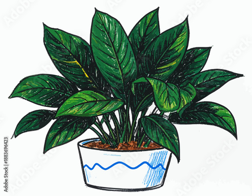 Lush green houseplant illustration in a white pot with blue pattern, hand-drawn art perfect for natural decor and tranquil botanical design elements