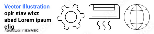 Technology, climate control, global connectivity, engineering, energy efficiency, modern design. Gear, air conditioning unit and globe icons. Technology and climate control concept