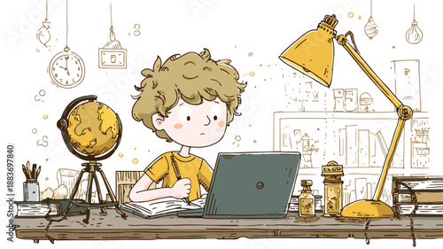 Focused Schoolboy Studying on Laptop Vector Illustration with Outline