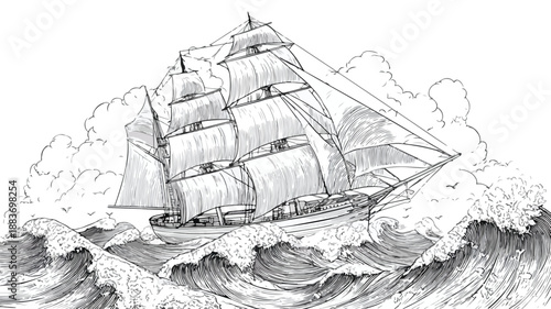 Nautical Ship and Waves Line Art Vector Illustration Design